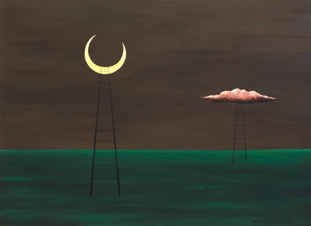 A painting by Gertrude Abercrombie. The lower third of the painting is land, painted a rich deep green. The upper two thirds, the sky, is brown, cloudy. A ladder standing up magically in the foreground reaches up to a curvy crescent moon. Another ladder further back and to the right reaches a pink cloud.