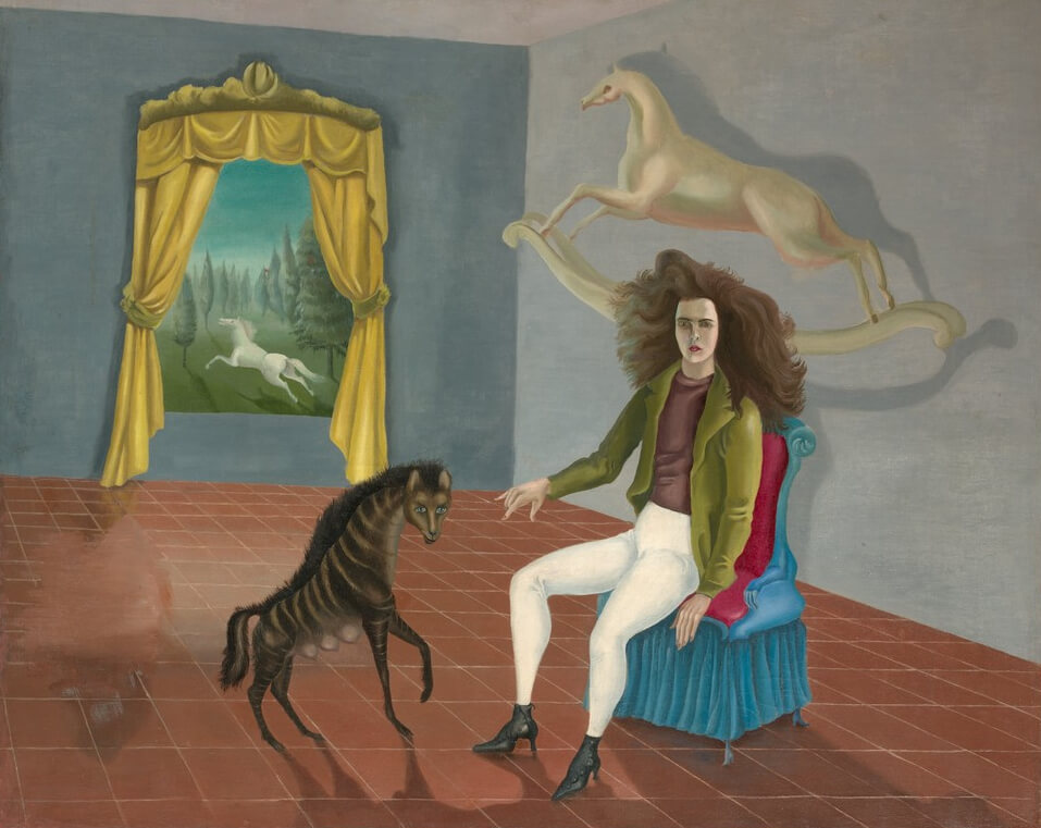 a surrealistic self-portrait painted by Leonara Carrington. Wearing tight white jodhpurs and an olive green jacket, she is sitting on the left with her right arm reaching toward a striped hyena. Floating behind her wild mane of hair is a white rocking horse, in almost the same position as a white horse seen leaping outside a window.