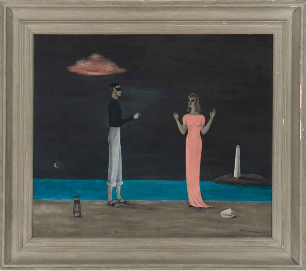 A painting by Gertrude Abercrombie. It's night at a beach. A man with a black mask over his eyes stands in points his right hand like a gun at a woman in a long pink dress who has her arms open at sides and half raised. A pink cloud floats over the man's head in the black sky. An owl faces us sitting on the sand. A shell lies near the feet of the woman. Awhite lighthouse stands in the distance on small island in the blue sea.