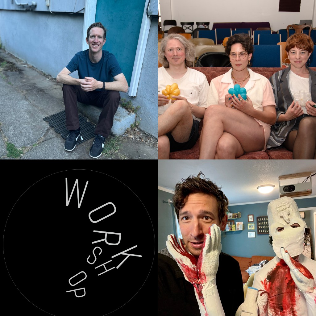 grid of 4 image: musicians + workshop logo